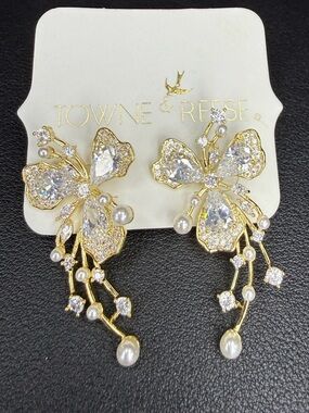 Towne & Reese Gold Butterfly Earrings with Clear Crystals and Pearls